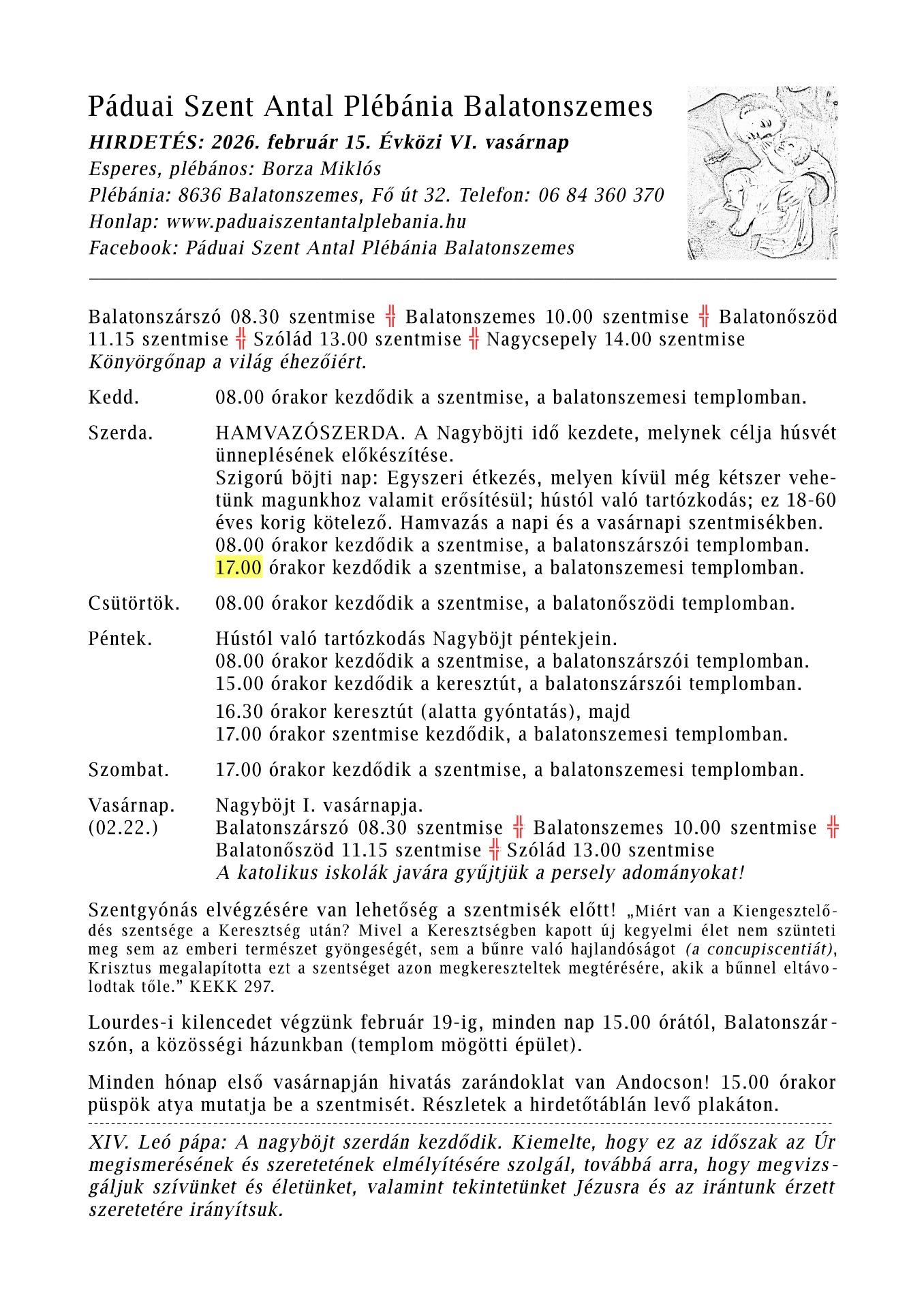 HIRDETÉS: 2026. február 15. Évközi VI. vasárnap