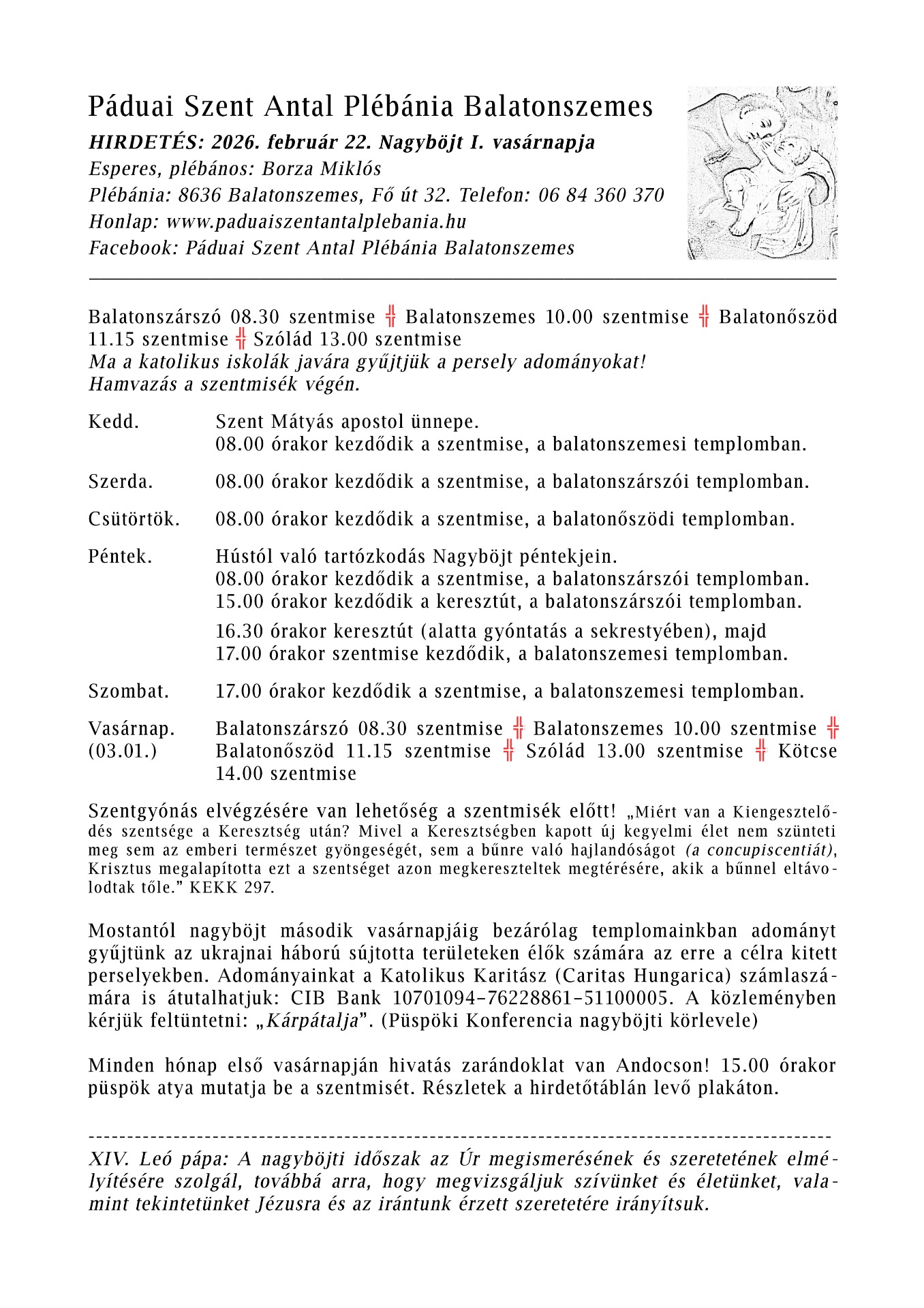HIRDETÉS: 2026. február 22. Nagyböjt I. vasárnapja