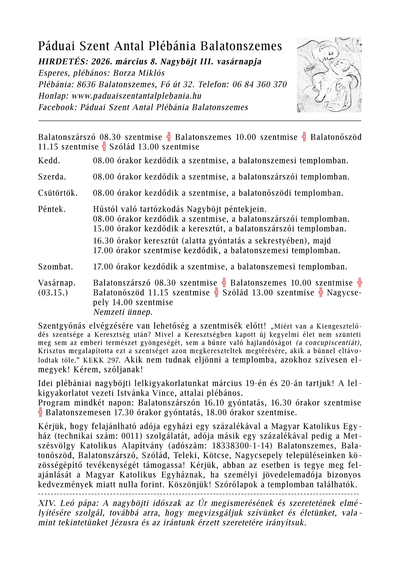 HIRDETÉS: 2026. március 8. Nagyböjt III. vasárnapja