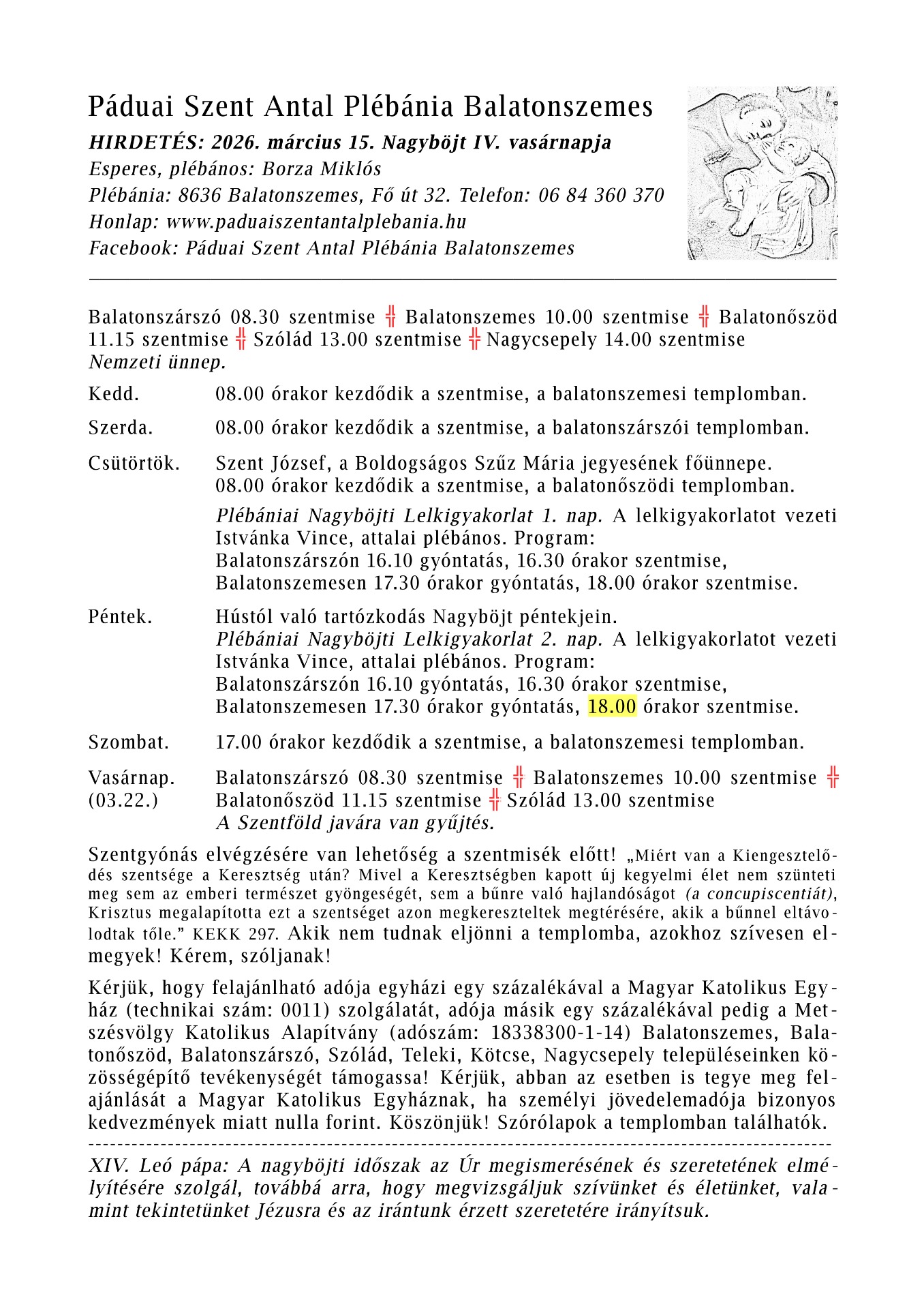 HIRDETÉS: 2026. március 15. Nagyböjt IV. vasárnapja