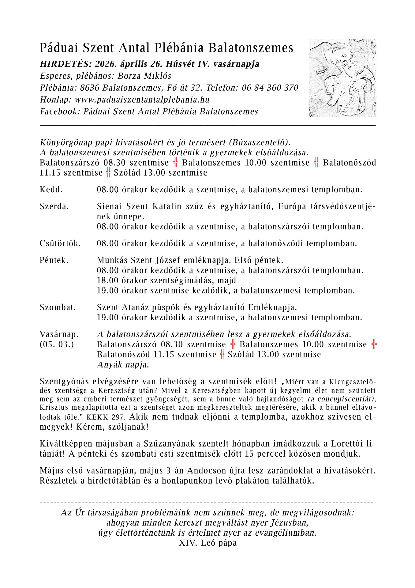 HIRDETÉS: 2026. április 26. Húsvét IV. vasárnapja