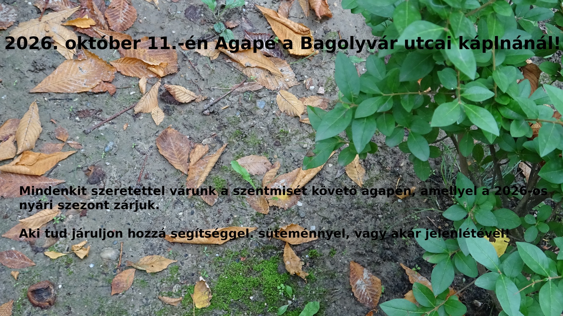 Meghívó 2026. október 11-én Agapé a Bagolyvár utcai kápolnánál!
